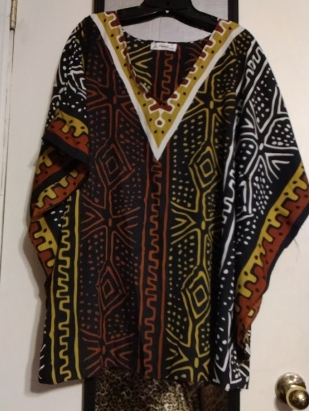 Boho V-Neck Patterned Blouse in Black, Brown & Mustard
